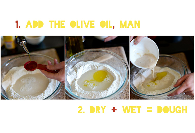 Mixing wet into dry ingredients for Gluten-Free Pizza Dough