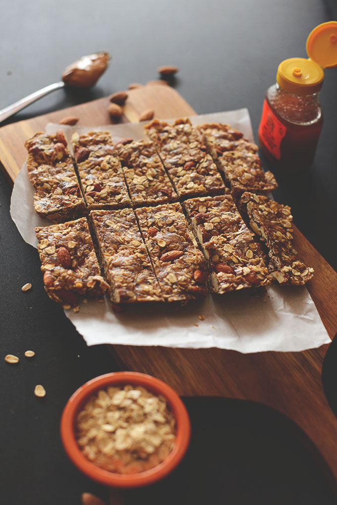 Cutting board with a batch of our Healthy Granola Bars recipe