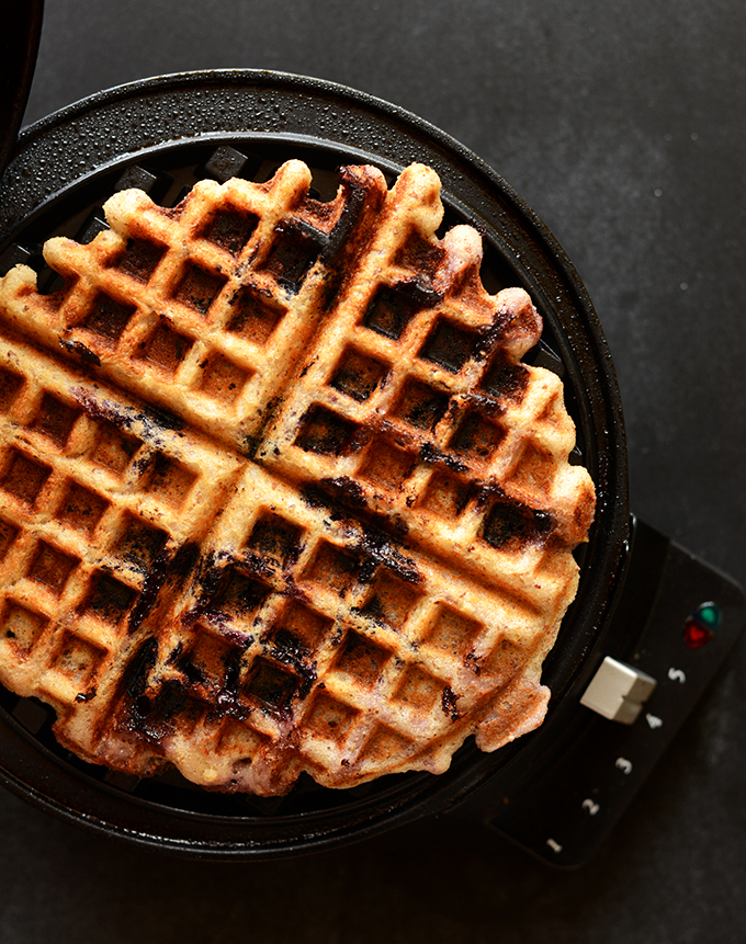 Cooking a Lemon Blueberry Gluten-Free Waffle in a waffle maker