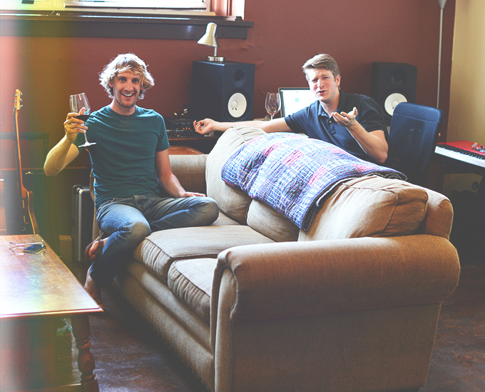 John and Ben chatting and enjoying wine