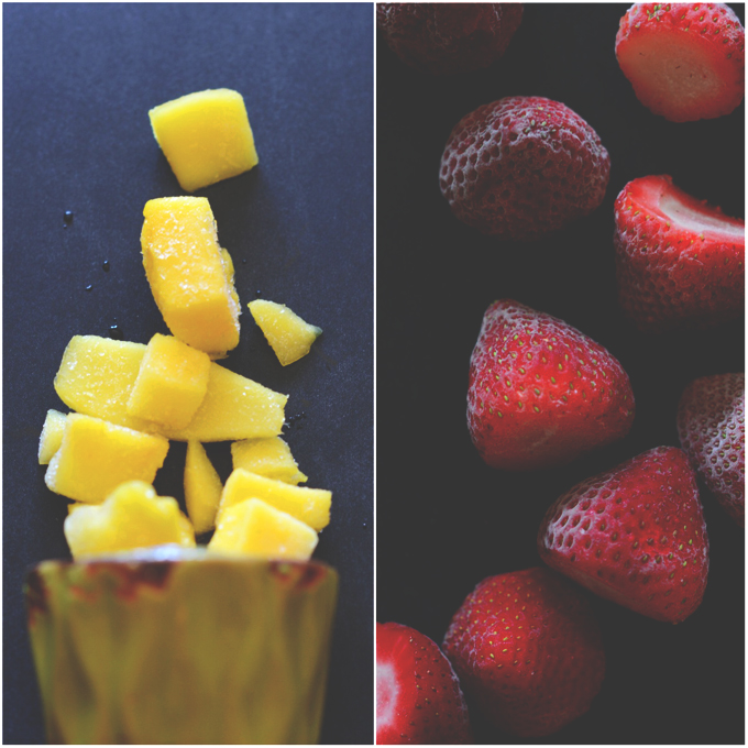 Frozen mango and strawberry pieces for making homemade smoothies