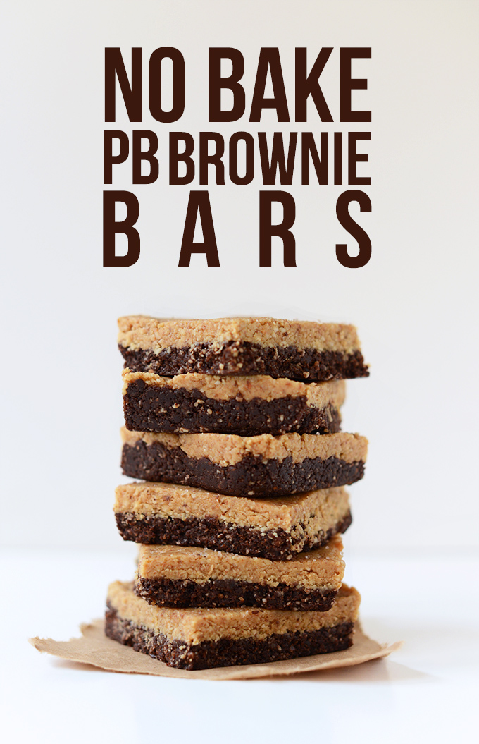 Stack of homemade No Bake Peanut Butter Brownie Bars