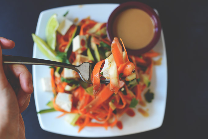 Using a fork to pick up a bite of Noodle-Free Pad Thai