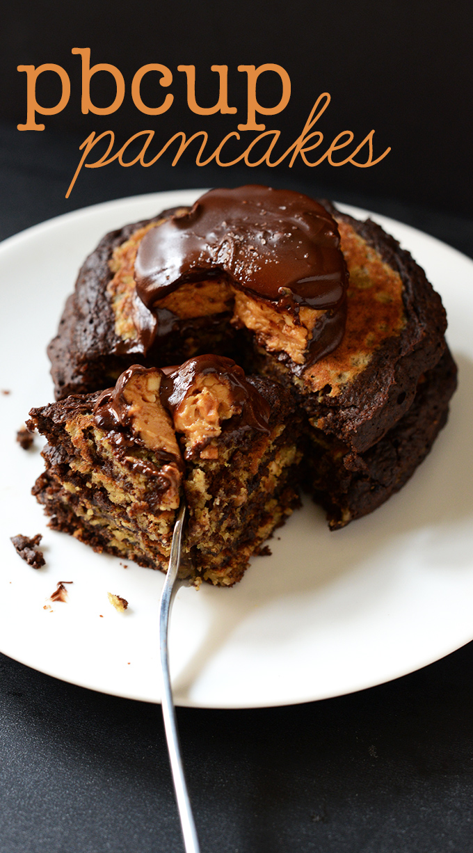 Slicing into a stack of delicious Peanut Butter Cup Pancakes