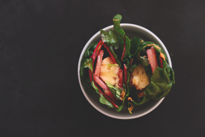Bowl of Peanut Butter Banana Basil Rainbow Chard Wraps