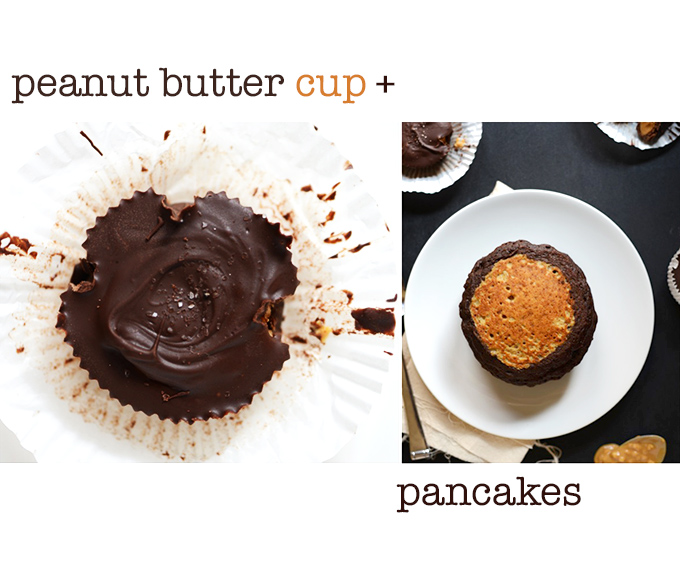 A peanut butter cup and a stack of Peanut Butter Cup Pancakes