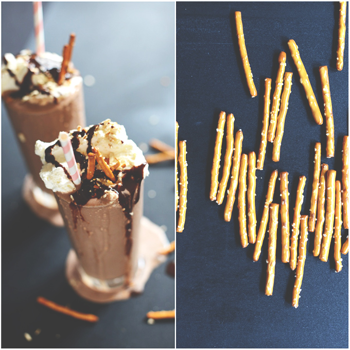 Pretzel sticks and tall glasses of our Pretzel Frozen Hot Chocolate recipe