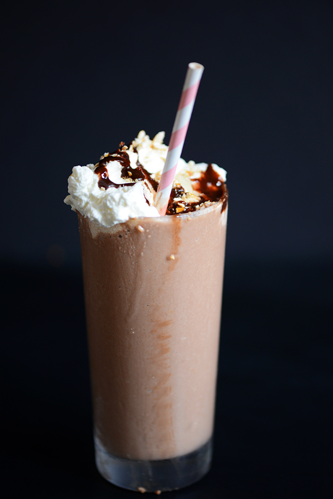 Glass of our simple Vegan Pretzel Frozen Hot Chocolate recipe 