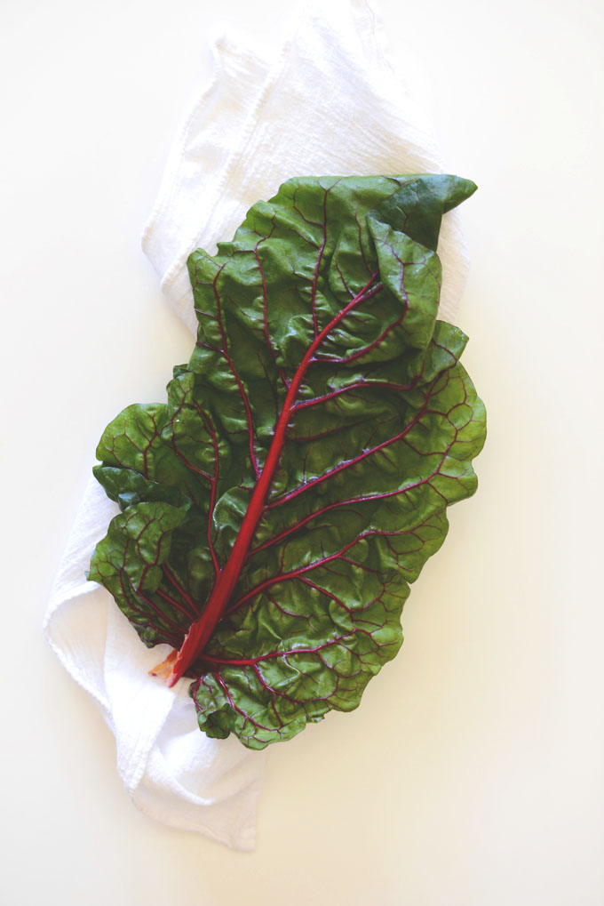 Freshly washed rainbow chard leaf