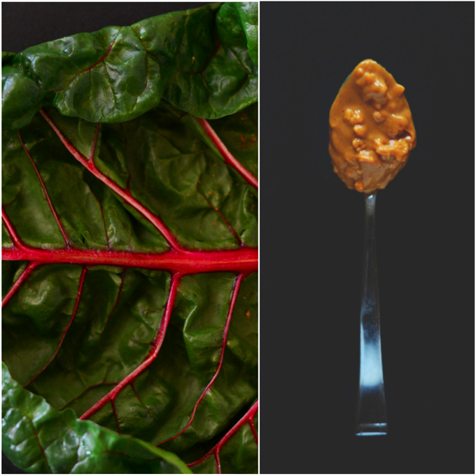 Rainbow chard leaf and spoonful of chunky peanut butter
