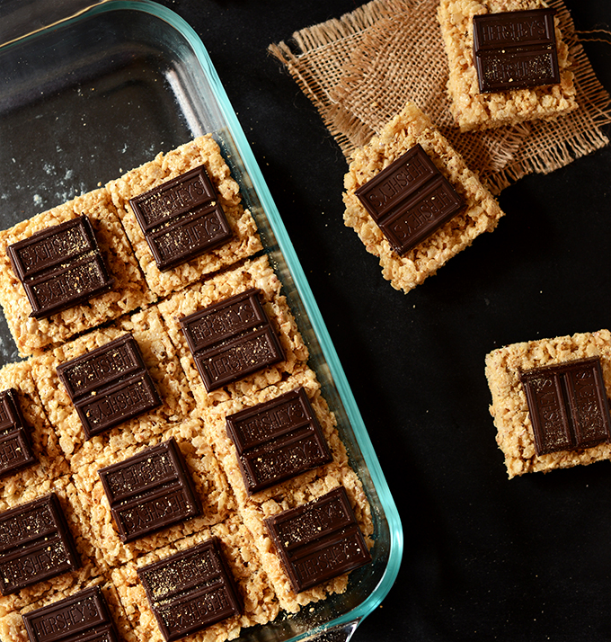 Pan of Smores Rice Krispie Treats topped with chocolate