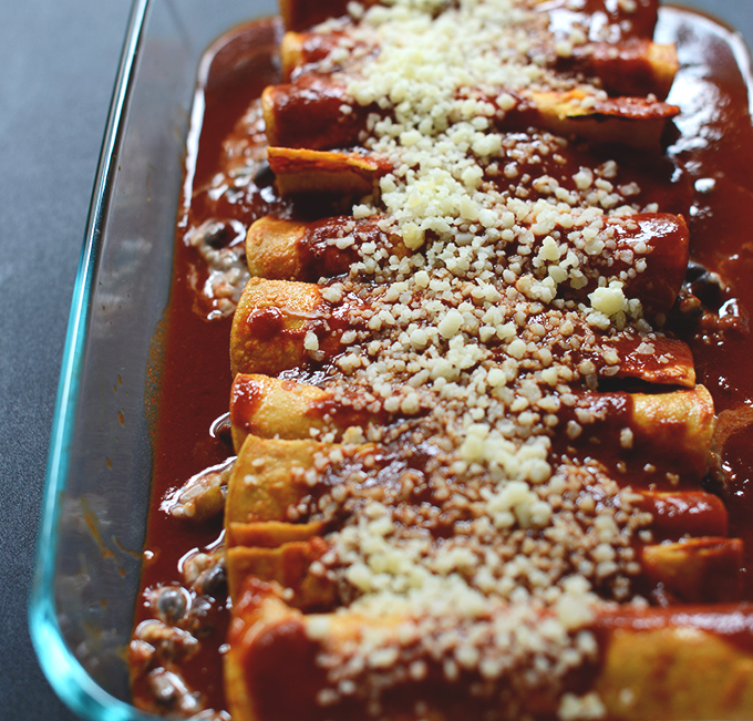 Pan of Vegetarian Spicy Black Bean and Cheese Enchiladas