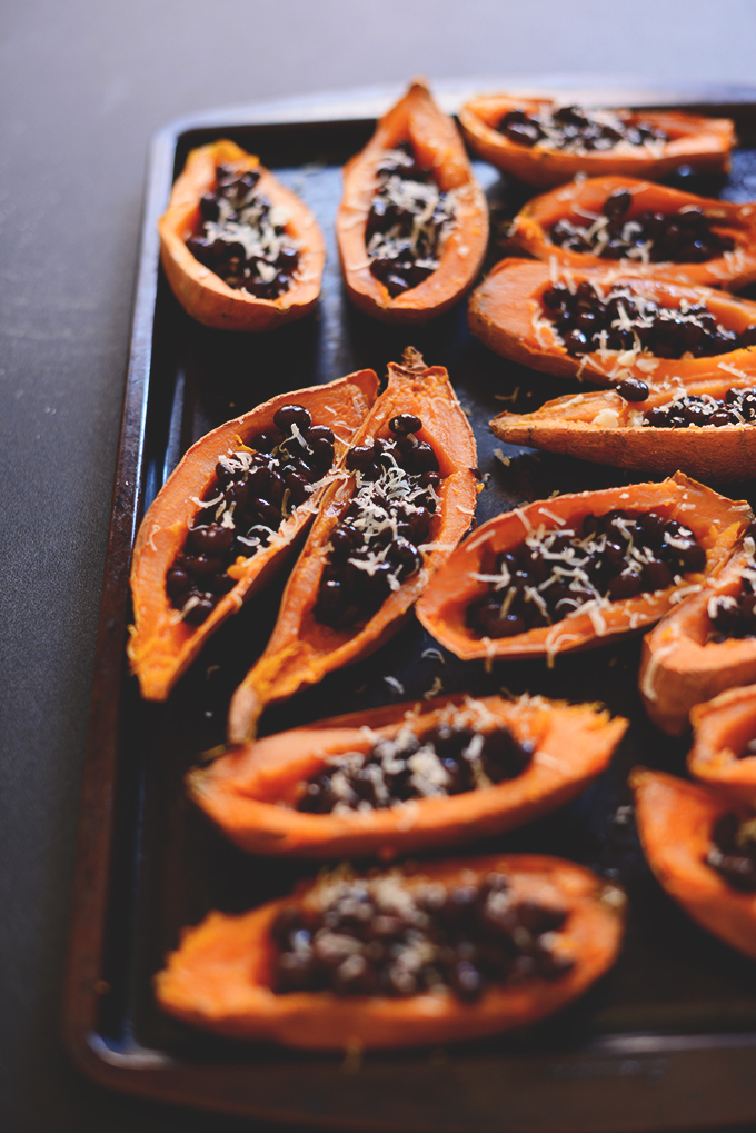 Baking sheet with a batch of our Sweet Potato Black Bean Boats recipe