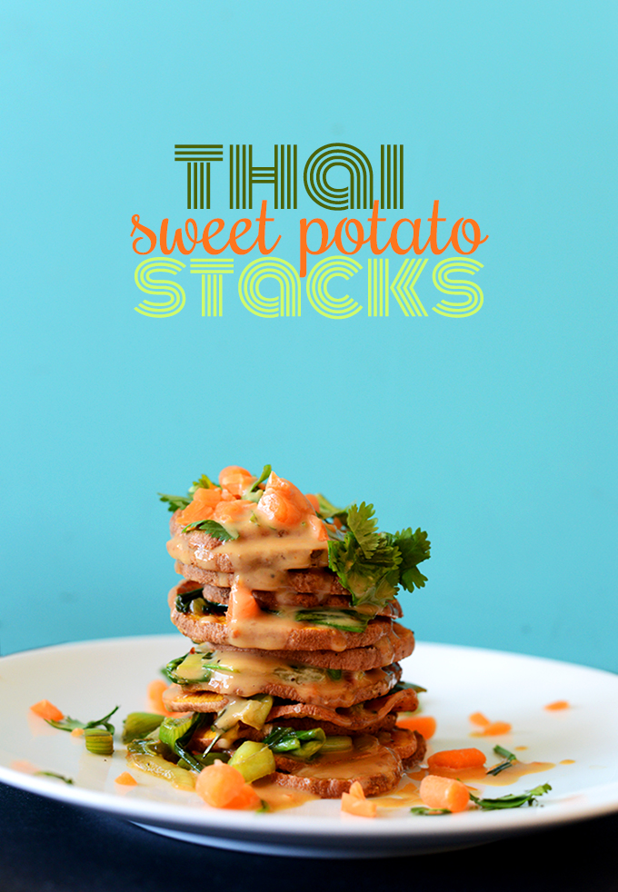 Side view of Thai Sweet Potato Stacks with peanut sauce cascading down the side