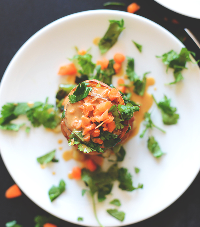 Top down shot of a stack of Thai Sweet Potatoes with Peanut Sauce
