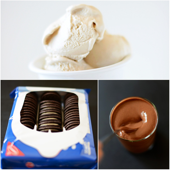 Bowl of ice cream, package of oreo cookies, and glass of hot fudge