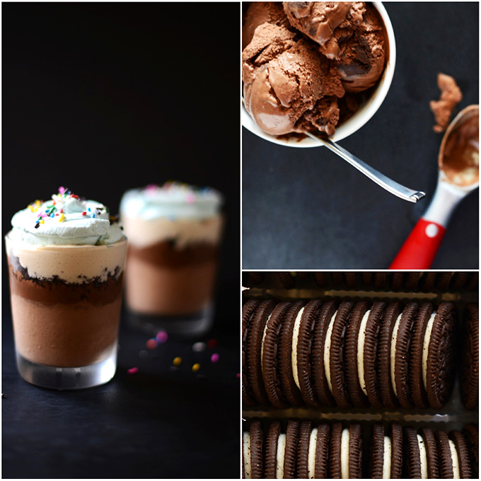 Ice cream, oreo cookies, and two glasses filled with our Vegan Dairy Queen Cupcakes recipe