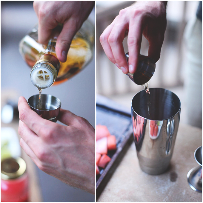 Pouring triple sec and tequila to make our Watermelon Lime Margaritas recipe