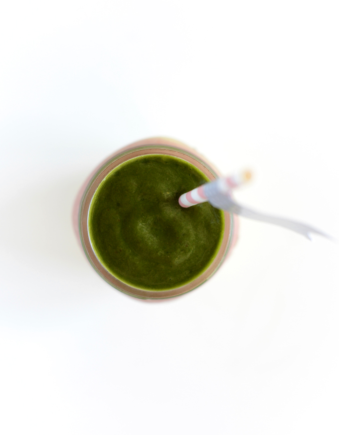 Top down shot showing the green layer of our Mango Green Smoothie recipe