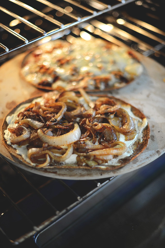 Cooking Caramelized Onion & Goat Cheese Flatbread on a pizza stone