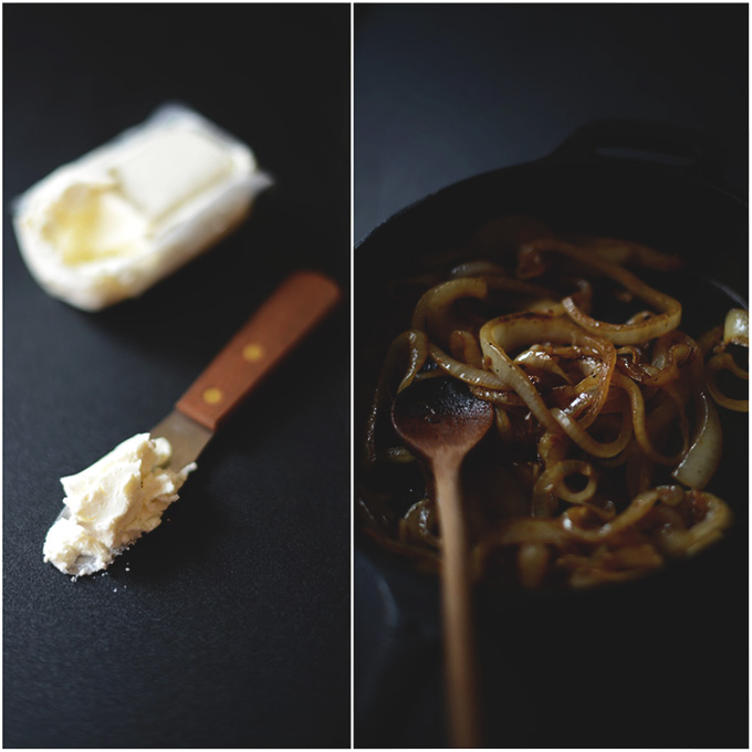 Goat cheese and caramelized onions for making delicious homemade pizza