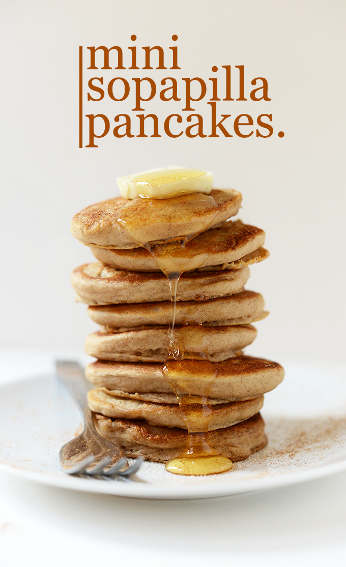 Super tall stack of our Egg-Free Mini Sopapilla Pancakes recipe