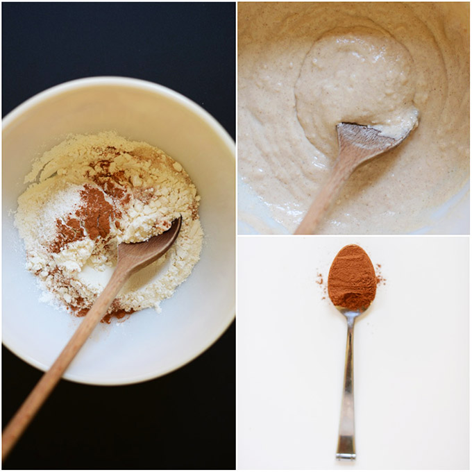 Spoonful of cinnamon and bowls of batter for making Mini Sopapilla Pancakes