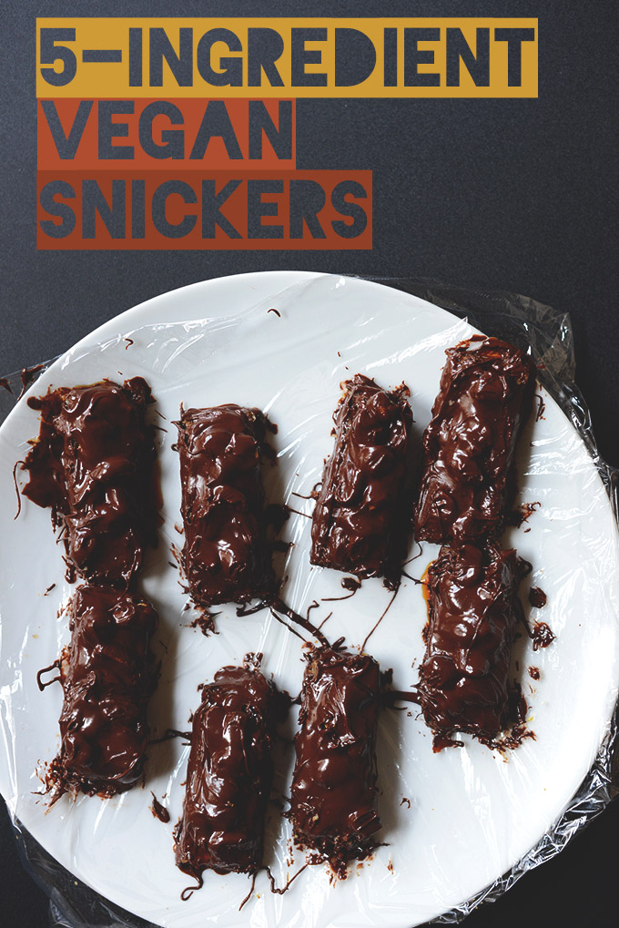 Plate of homemade Vegan Snickers Bars