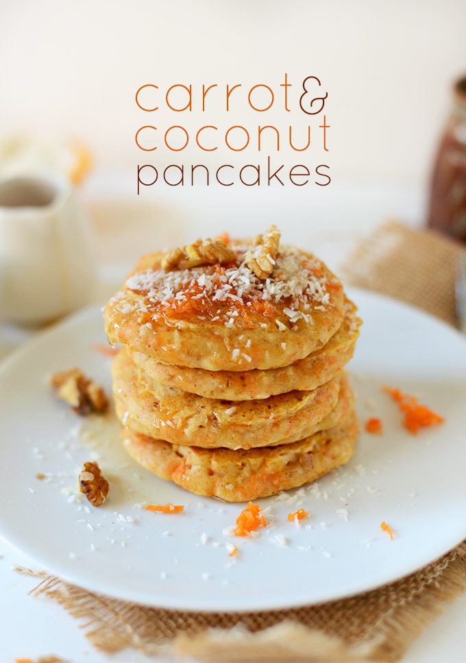 Plate stacked tall with a batch of our Carrot and Coconut Vegan Pancakes recipe
