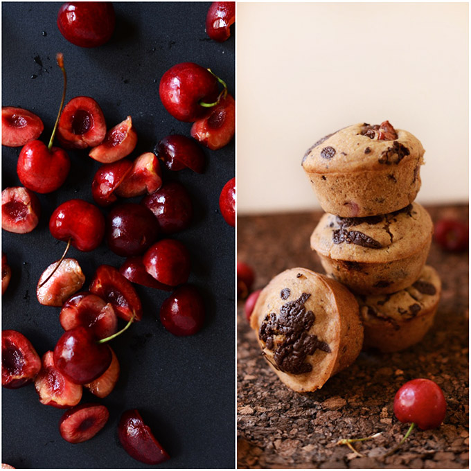 Fresh cherries and a stack of vegan Cherry Dark Chocolate Muffins