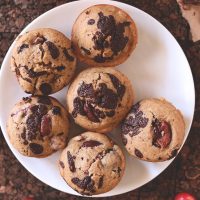 Small plate of six Vegan Cherry Dark Chocolate Chip Muffins