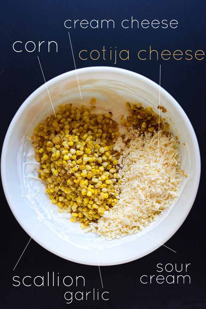 Bowl of ingredients for making our homemade corn dip recipe