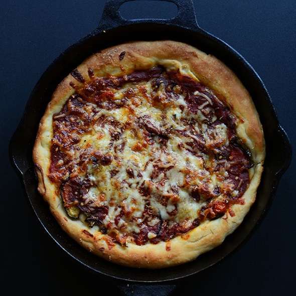 Skillet of homemade Deep Dish Pizza