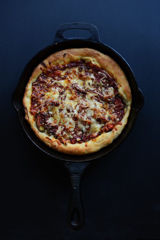 Cast-iron skillet filled with our Easy Deep Dish Pizza recipe