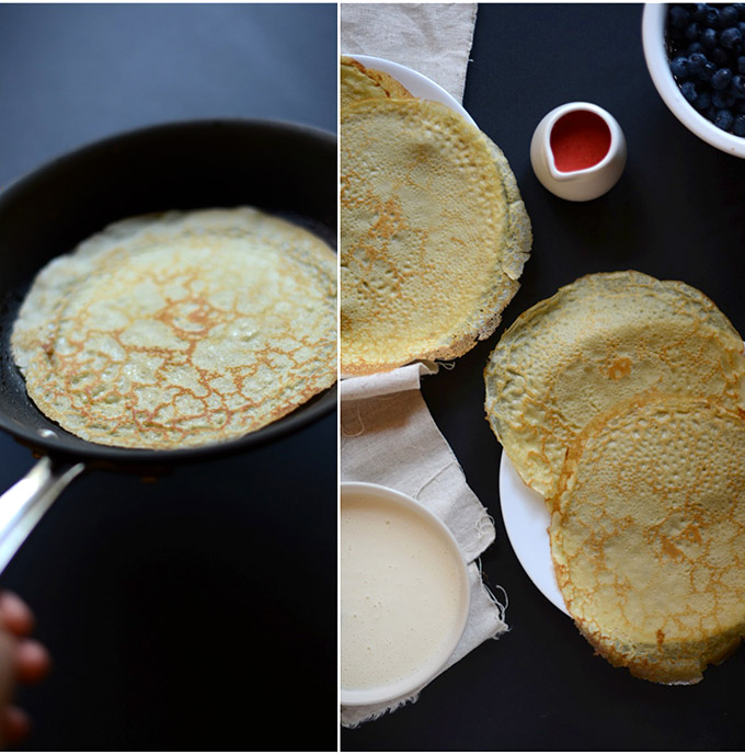 Skillet and plates filled with Gluten-Free Green Tea Crepes
