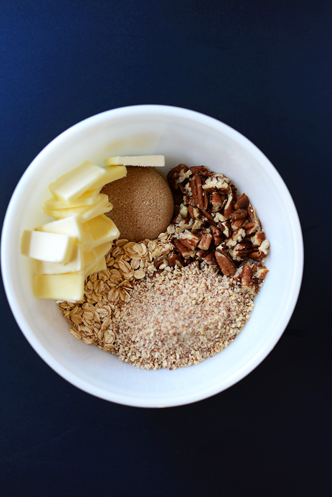 Bowl of ingredients for making our homemade Gluten-Free Fruit Crisp