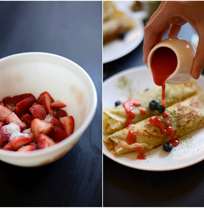 Pouring homemade Strawberry Sauce over a plate of Green Tea Crepes