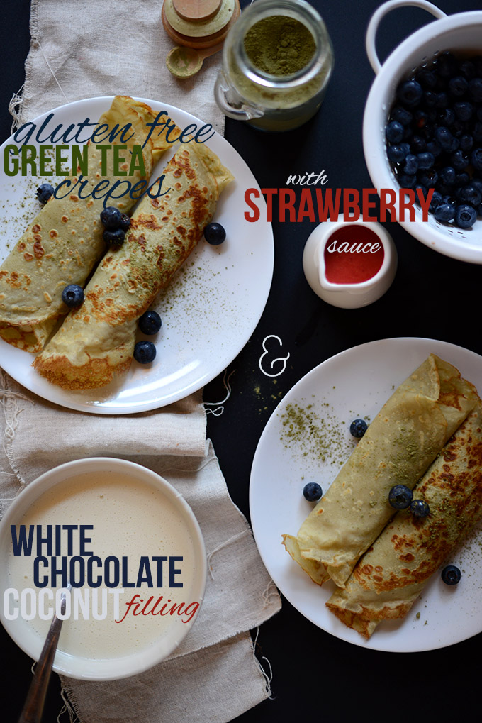Plates of Gluten-Free Green Tea Crepes with White Chocolate Coconut Filling and Strawberry Sauce