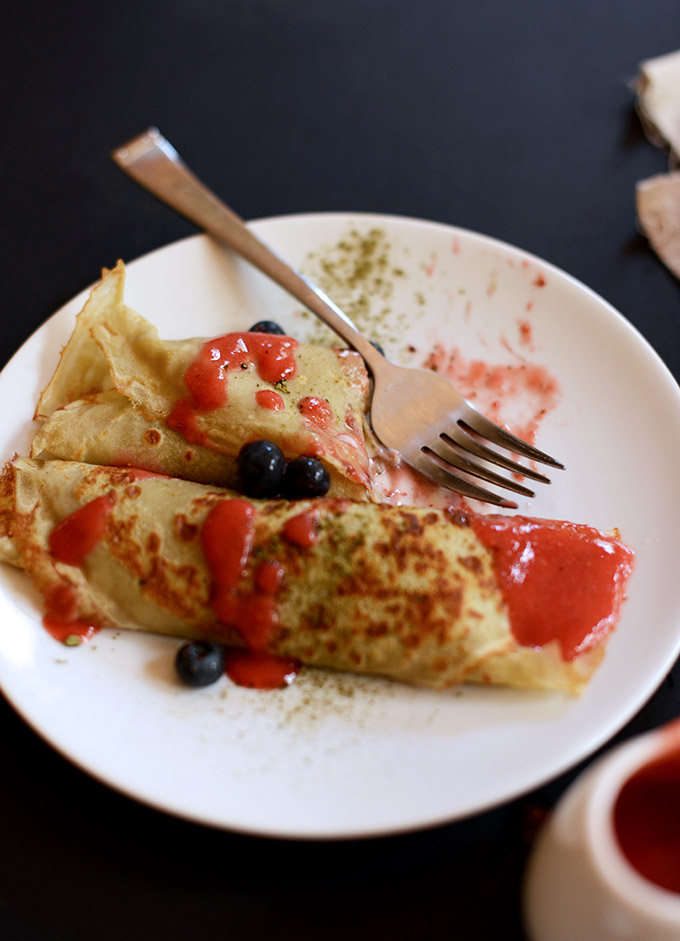 Plate of partially eaten delicious Gluten-Free Green Tea Crepes