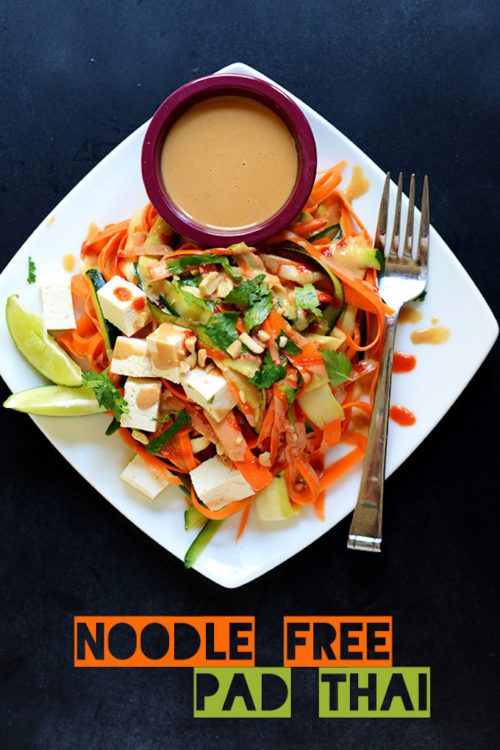 Plate of our Noodle-Free Tofu Pad Thai recipe for a low carb vegan meal