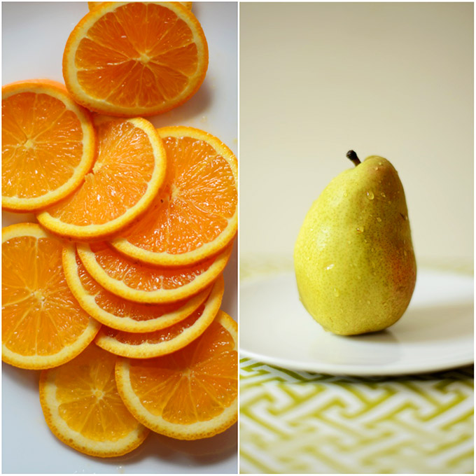Fresh orange slices and a pear for making Orange Pear Pineapple Red Sangria