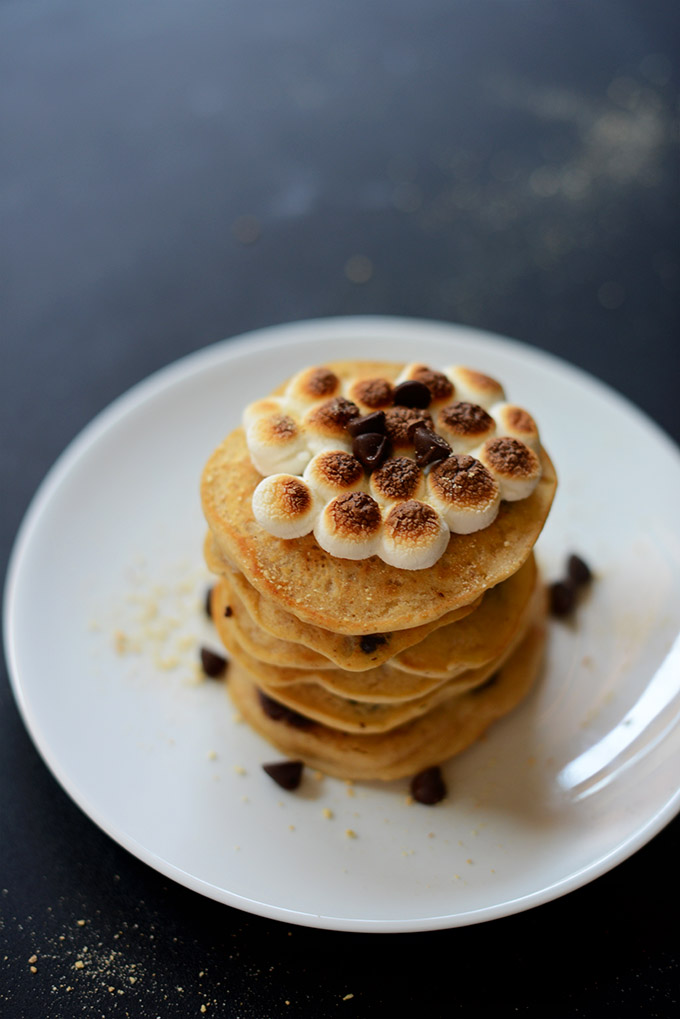 Stack of delicious Vegan Smores Pancakes