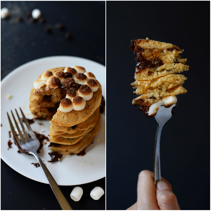 Big bite removed from a stack of our Vegan Smores Pancakes recipe