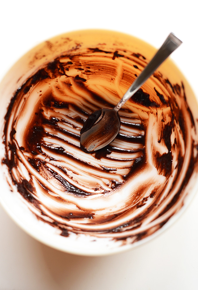 Bowl cleaned of homemade vegan brownie batter
