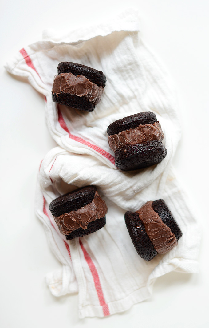 Dairy-Free Brownie Chocolate Ice Cream Sandwiches on a dish towel