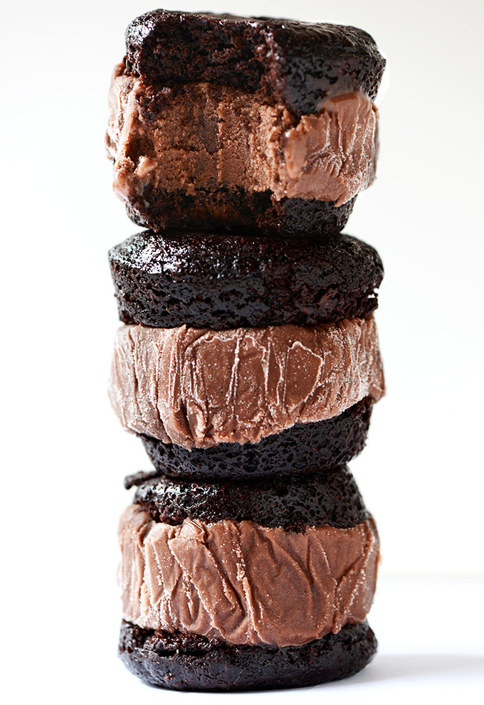Stack of homemade Brownie Ice Cream Sandwiches
