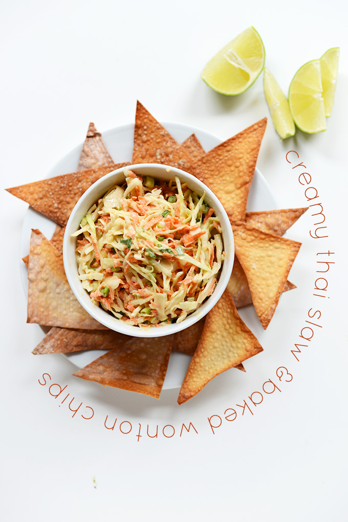 Bowl of Creamy Thai Slaw surrounded by Baked Wonton Chips
