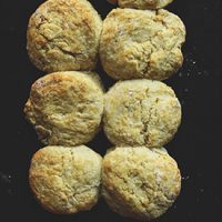 Baking sheet with six freshly baked Vegan Biscuits