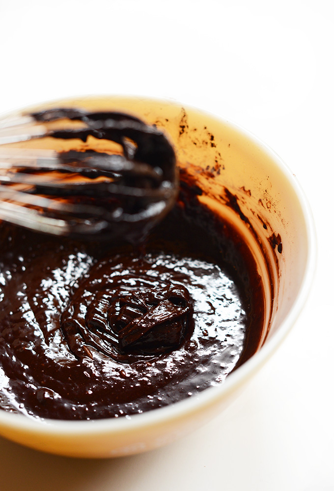 Bowl of rich Vegan Brownie Batter