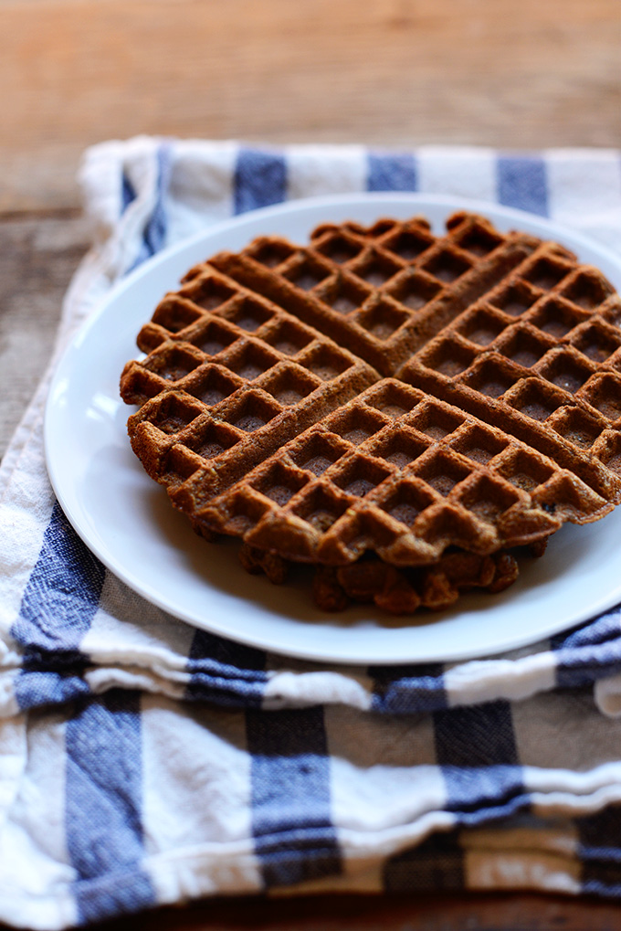 Stack of our Whole Grain Molasses Waffles recipe